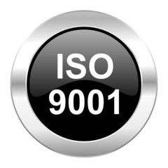 iso 9001 black circle glossy chrome icon isolated