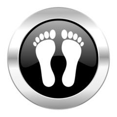 foot black circle glossy chrome icon isolated
