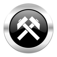 mining black circle glossy chrome icon isolated