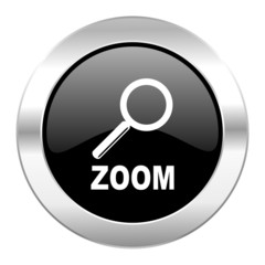 zoom black circle glossy chrome icon isolated
