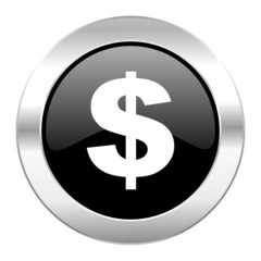 dollar black circle glossy chrome icon isolated