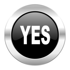 yes black circle glossy chrome icon isolated