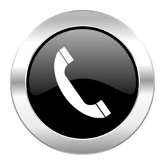 phone black circle glossy chrome icon isolated