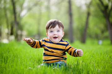 little boy sits on a green lawn