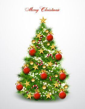 Christmas tree decorated with balls and stars. Vector