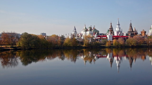 Izmaylovsky Kremlin which is reflected in water, panning. Moscow
