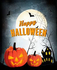 Retro Halloween night background with two pumpkins. Vector