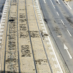 pattern of street and rails of streetcar in Cologne