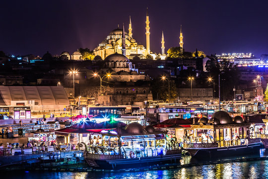 Night view on the restaurants at the end of the Galata bridge, S