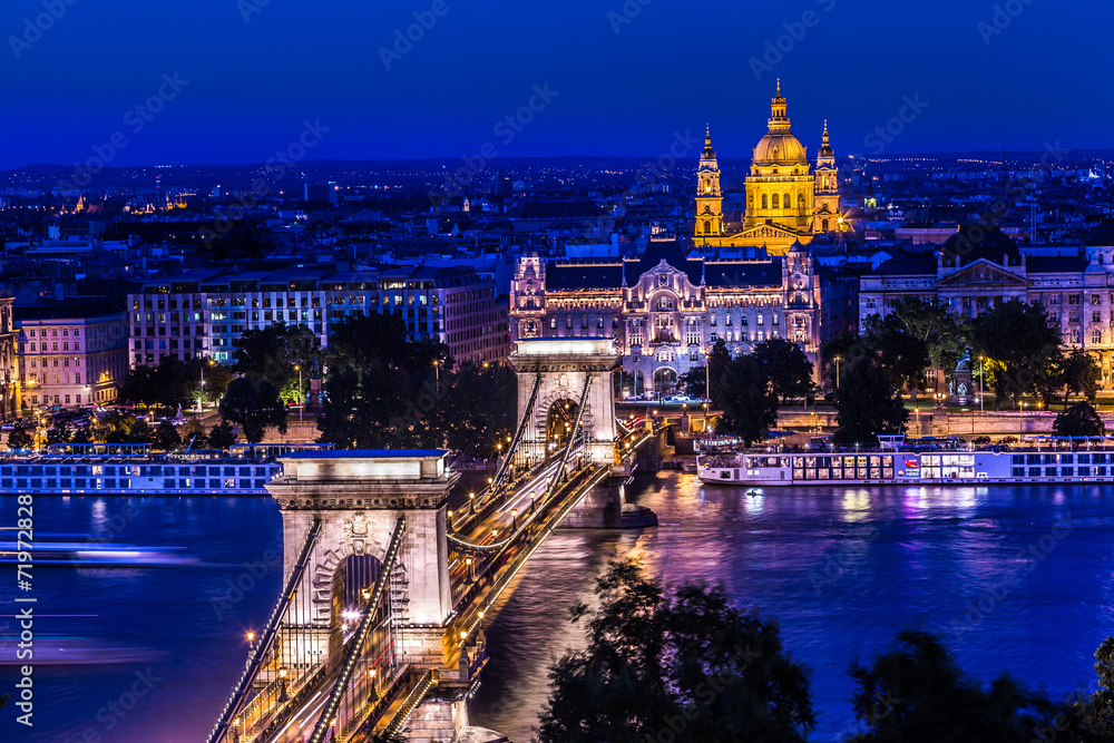 Sticker panorama of budapest, hungary, with the chain bridge and the par