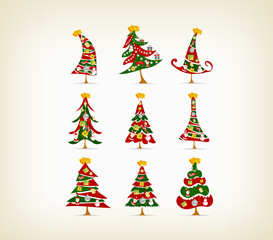 set vintage christmas tree with icon and element