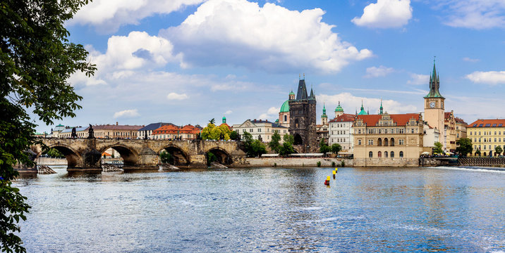 Karlov or charles bridge and river Vltava in Prague in summer