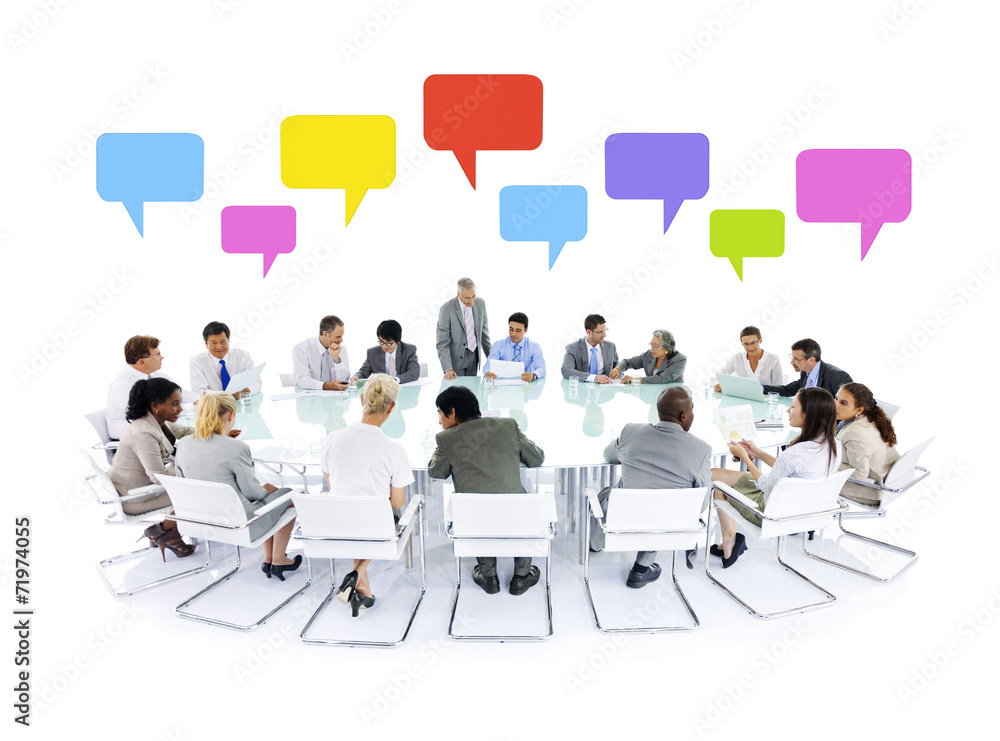 Wall mural large group of business people meeting speech bubbles - Wall murals