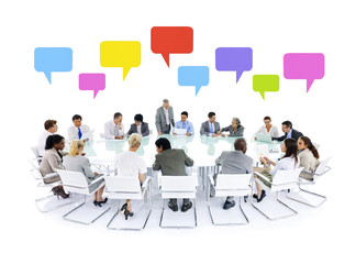 Large group of business people meeting speech bubbles