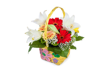Fototapeta na wymiar Beautiful bouquet of bright flowers in basket