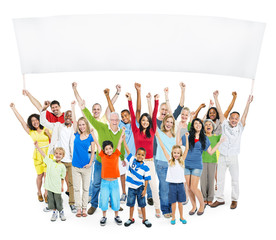 Obraz premium Casual People With Children Raising Their Arms