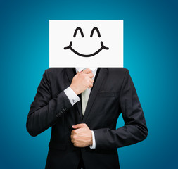 Businessman standing white paper happy smile face holding front