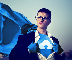 Strong Superhero Businessman Cloud Storage Concepts