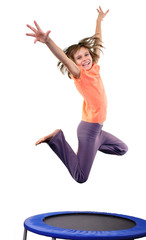 cute elementary girl jumping and dancing over white