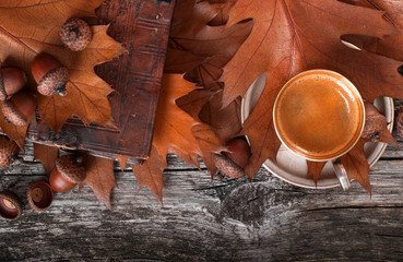 Wooden background with coffee from acorns