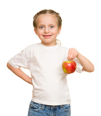 little girl with fruits and vegetables on white