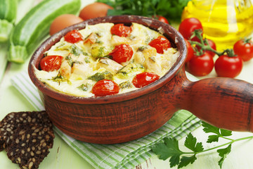 Zucchini baked with chicken, cherry tomatoes and herbs
