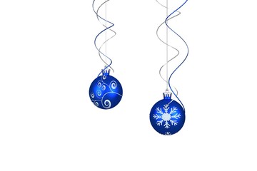 Two hanging blue bauble decorations