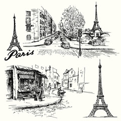 France, Paris - Eiffel tower - hand drawn set