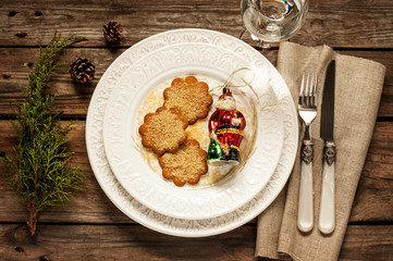 Vintage christmas table - white plate with ginger cookies