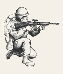 Sketch illustration of a soldier kneel down aiming a weapon