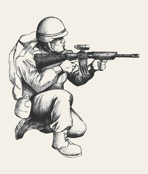 Sketch Illustration Of A Soldier Kneel Down Aiming A Weapon