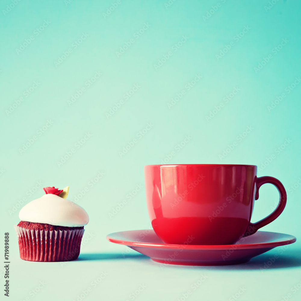 Sticker vintage red cupcake with red tea cup