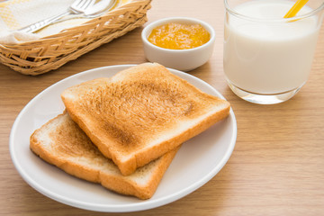 Slice of toasts, jam and milk