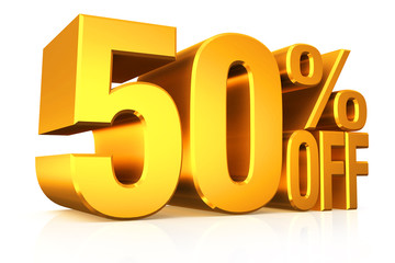 3D render gold text 50 percent off.