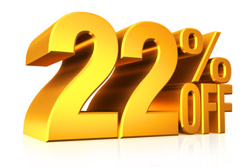 3D render gold text 22 percent off.