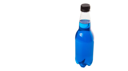 Blue colored soda drinks in bottles over white background 