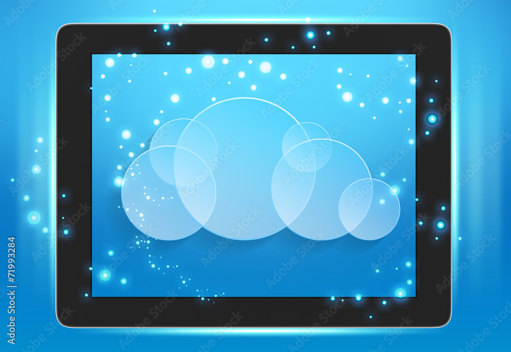 Wall mural tablet and cloud computing with glowing circles.