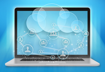 laptop and cloud storage with a team of people.