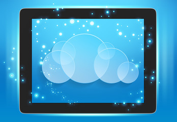 tablet and cloud computing with glowing circles.