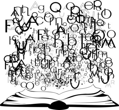 Silhouette of an open book and flying letters