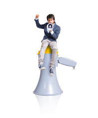 Naklejka premium Man shouting and sitting on megaphone