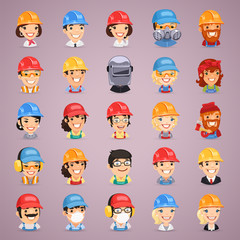 Builders Cartoon Characters Icons Set