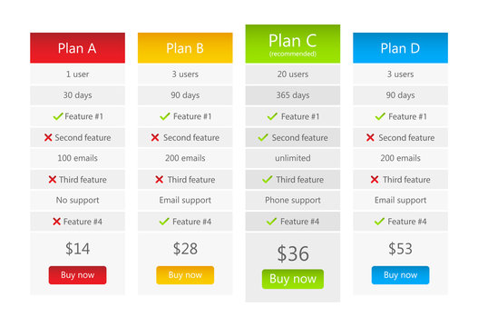 Light pricing table with 4 plans