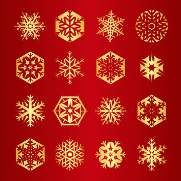 Collection of 16 golden snowflakes