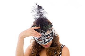 model isolated on plain background ashamed hiding face in hand