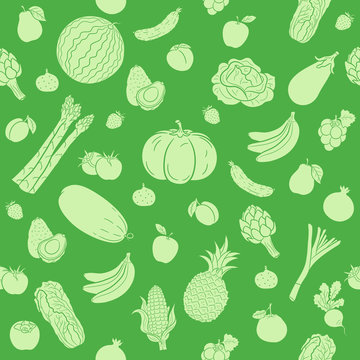 Green seamless background of fruit and vegetables