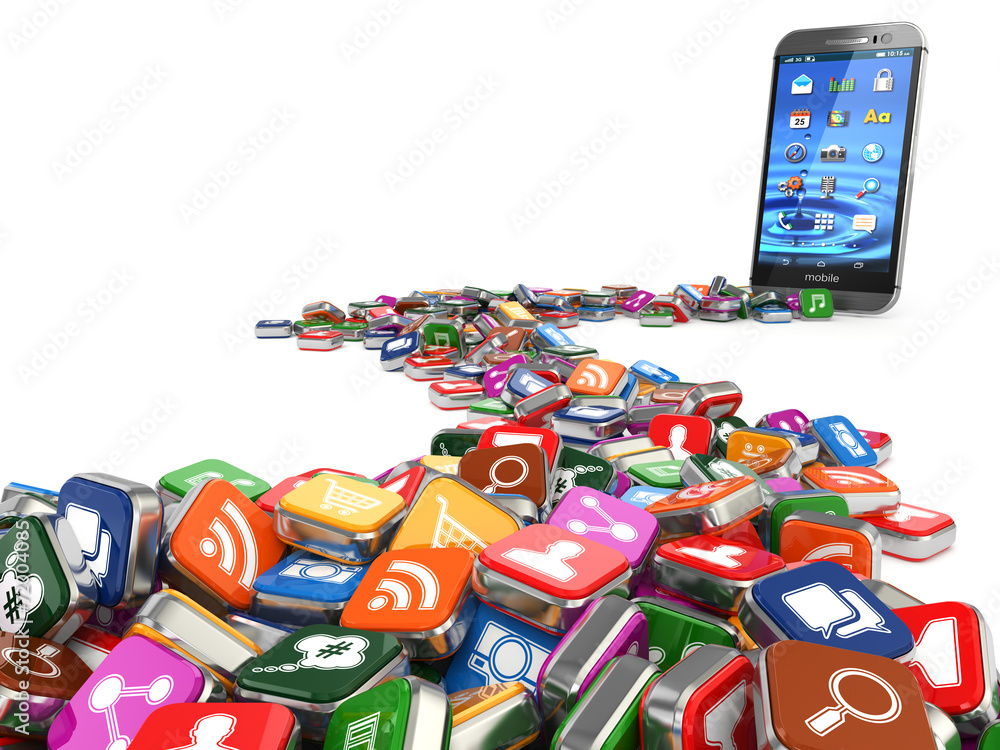 Poster software. smartphone or mobile phone app icons background.
