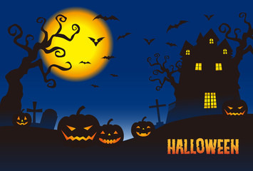 Fototapeta premium ハロウィン 月夜のカボチャとホーンテッドマンション