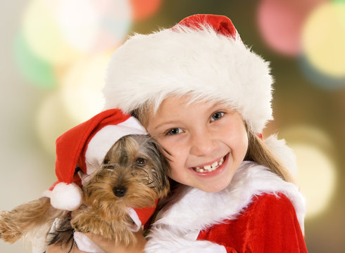 Little Girl And Dog At Christmas