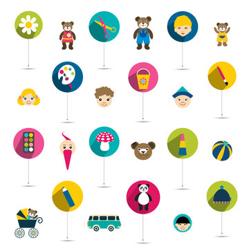 collection of children flat icon, toys. Vector isolated.